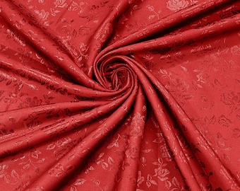 Red 58" Wide Polyester Flower Brocade Jacquard Satin Fabric, Wedding, Dressmaking