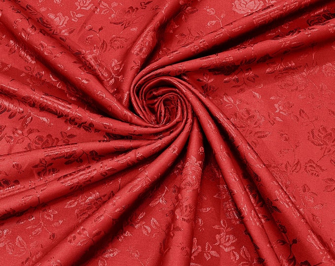 Red 60" Wide Polyester Roses/Flowers Brocade Jacquard Satin Fabric/Cosplay Costumes, Skirts, Table Linen/Sold By The Yard.