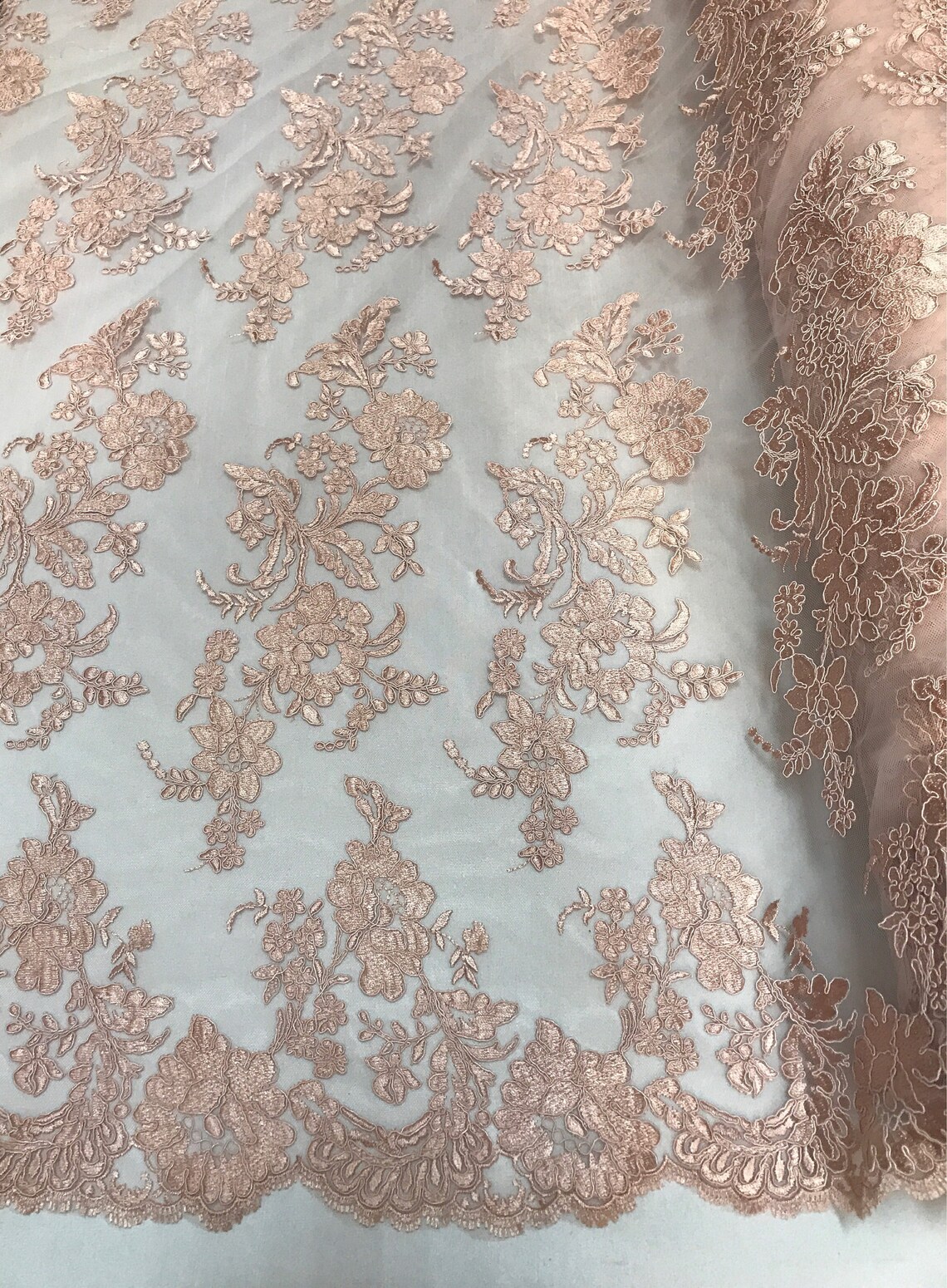 Elegant hand beaded design embroider on a glitter mesh lace-prom-sold by the yard. Dusty Pink