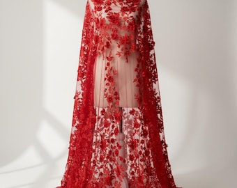 3D Princess Floral Lace Fabric with Pearls, Red Embroidered Mesh 54" Wide