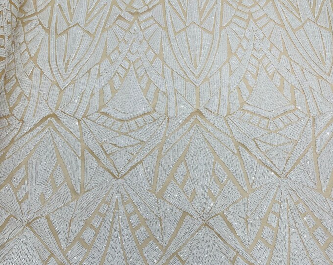 White Geometric shiny sequin design on a Nude 4 way stretch mesh-sold by the yard.