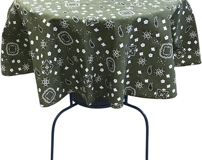 New Creations Fabric & Foam Inc, Round Print Poly Cotton Tablecloth (Bandanna Olive, Choose Size Below