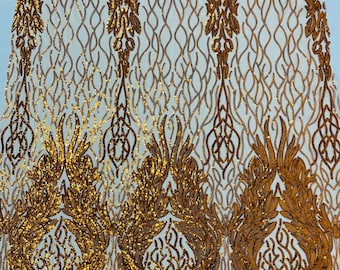 Orange iridescent damask sequin design on a nude 4 way stretch mesh fabric-prom-sold by the yard.