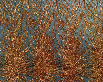 Orange Iridescent - Phoenix feather design with sequins embroider on a black 4 way stretch mesh fabric-sold by the yard.