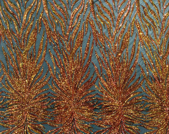 Orange Iridescent - Phoenix feather design with sequins embroider on a black 4 way stretch mesh fabric-sold by the yard.