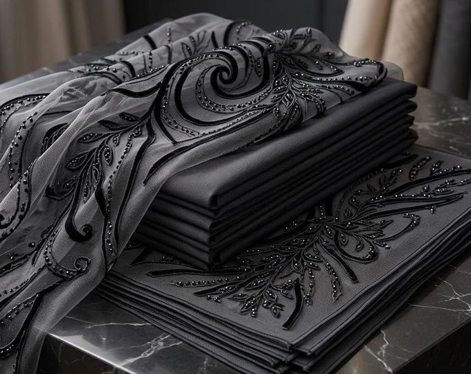 Charcoal Embroidered Power Mesh Fabric 60” Wide | Sheer Stretch Nylon Spandex Mesh by Yard | Luxury Black Lace Mesh Dress Dance Fabric