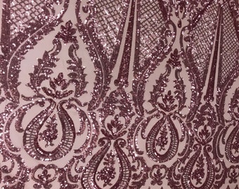 Dusty rose princess design embroider with shiny sequins on a 4 way stretch power mesh-dresses-fashion-prom-nightgown-sold by the yard.