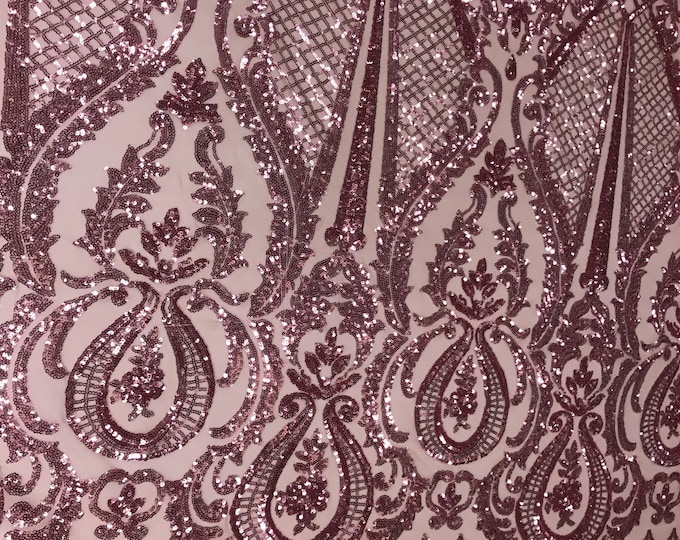 Dusty rose princess design embroider with shiny sequins on a 4 way stretch power mesh-dresses-fashion-prom-nightgown-sold by the yard.