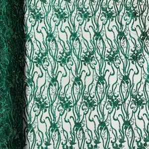 Hunter Green, Vine Floral Beaded Lace/Sequin Embroider Lace Fabric - Sold By the Yard.