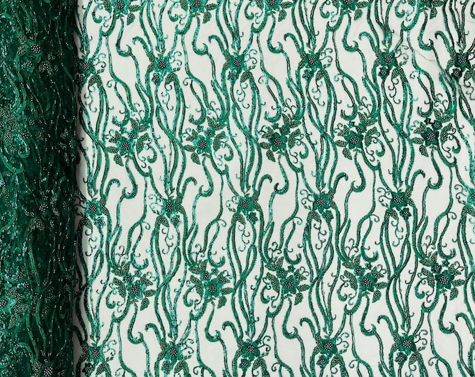 Hunter Green, Vine Floral Beaded Lace/Sequin Embroider Lace Fabric - Sold By the Yard.