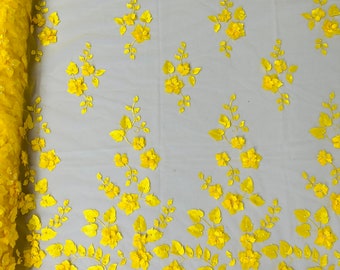 Yellow Ruby 3d floral design embroider with pearls in a mesh lace-dresses-fashion-decorations-prom-nightgown-sold by the yard.