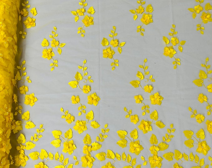 Yellow Ruby 3d floral design embroider with pearls in a mesh lace-dresses-fashion-decorations-prom-nightgown-sold by the yard.
