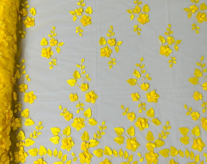 Yellow Ruby 3d floral design embroider with pearls in a mesh lace-dresses-fashion-decorations-prom-nightgown-sold by the yard.