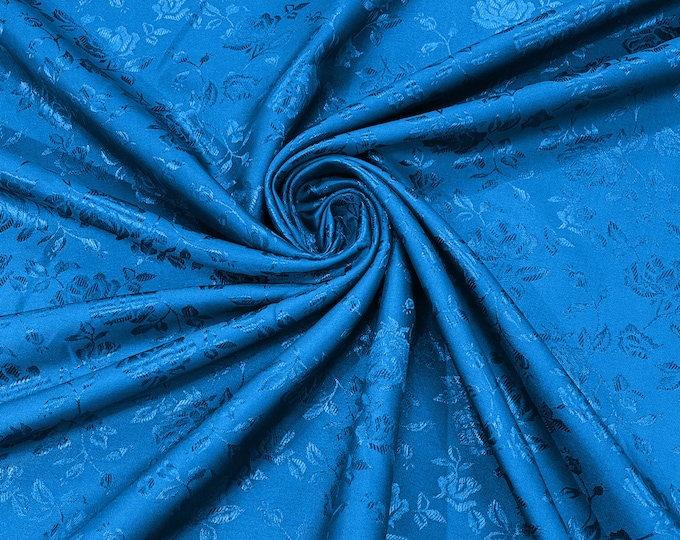 Turquoise 60" Wide Polyester Roses/Flowers Brocade Jacquard Satin Fabric/Cosplay Costumes, Skirts, Table Linen/Sold By The Yard.