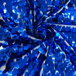 Royal Blue Jumbo Sequins Oval Sequin Paillette/Tear Drop Mermaid Big Sequins Fabric On Blue Mesh/ 54 Inches Wide.