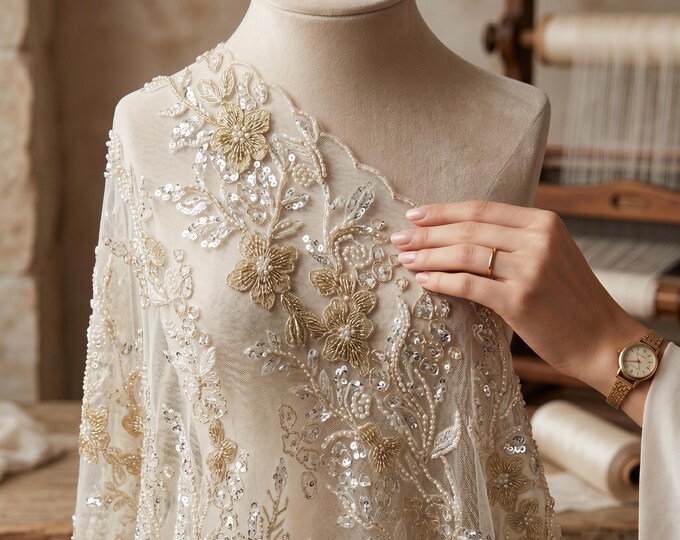 Ivory Beaded Floral Lace Fabric by Yard, Metallic Embroidered Mesh Lace for Bridal Dress Wedding Gown Decor
