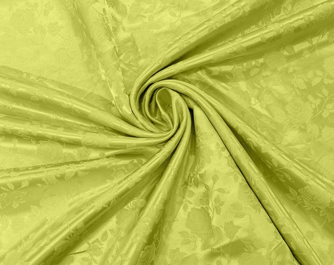 Kiwi Green 60" Wide Polyester Roses/Flowers Brocade Jacquard Satin Fabric/Cosplay Costumes, Skirts, Table Linen/Sold By The Yard.