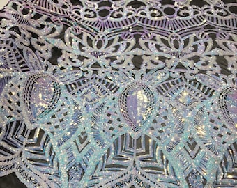 Aqua blue iridescent royalty sequin design on a 4 way stretch mesh-prom-nightgown-sold by the yard.