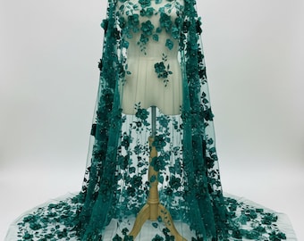 3D Embroidered Hunter Green Orquidia Floral Mesh Lace Fabric with Pearls