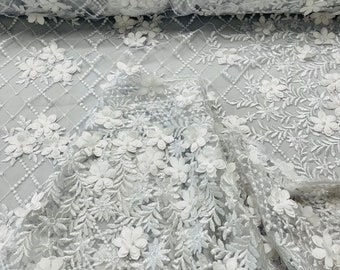 White Lia 3d floral design embroider with pearls in a mesh lace-dresses-fashion-decorations-prom-nightgown-sold by the yard.