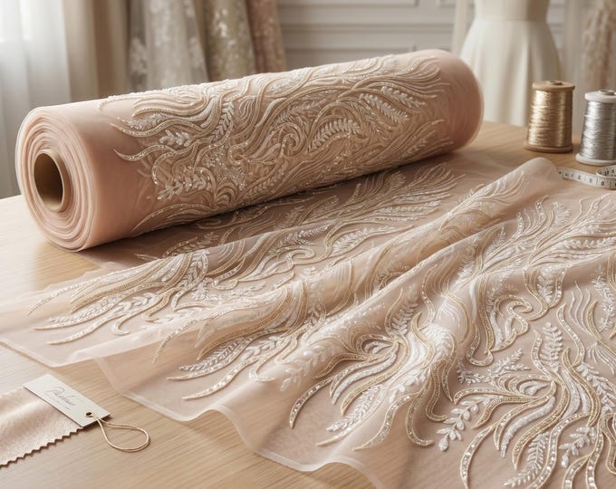 Blush Feather Damask Embroidered Mesh Lace Fabric By The Yard, Heavy Beaded Sequin Bridal Lace For Wedding Dresses & Prom Gowns