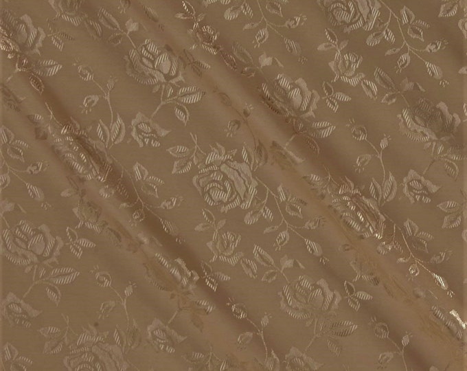 Khaki 60" Wide Polyester Flower Brocade Jacquard Satin Fabric, Sold By The Yard.