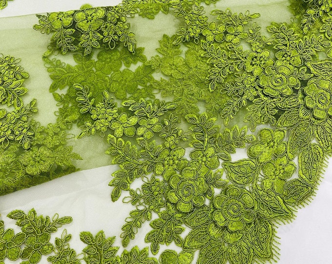 Olive Green corded lace 3d floral embroider sold by the yard.