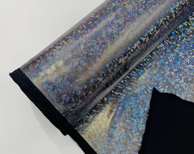 Silver/black Shattered Glass Foil Hologram/58” Wide/4 Way Stretch Spandex Nylon Tricot by the yard.