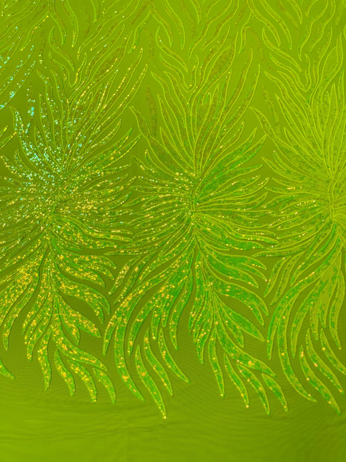 Neon Yellow iridescent phoenix feather design with sequins embroider on a Yellow 4 way stretch mesh fabric-sold by the yard.