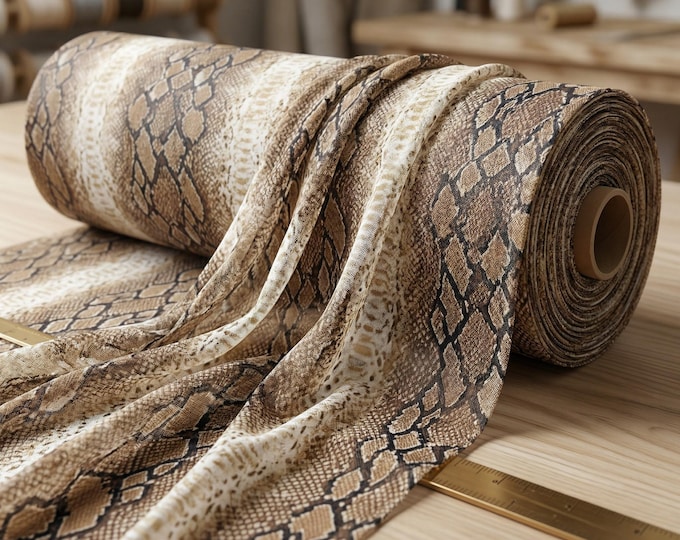 Snake Print Mesh Fabric 58” Wide | Rattlesnake Sheer Stretch Power Mesh | Beige Animal Print Spandex Fabric for Fashion & Dancewear