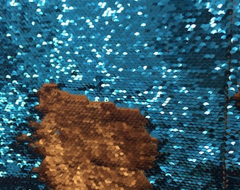 Turquoise/ matte orange hologram mermaid fish scales 2 way stretch lycra 2 way flip flop sequins sold by yard