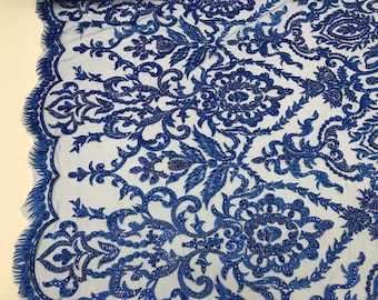 Royal blue floral damask embroider and heavy beaded on a mesh lace fabric-sold by the yard-