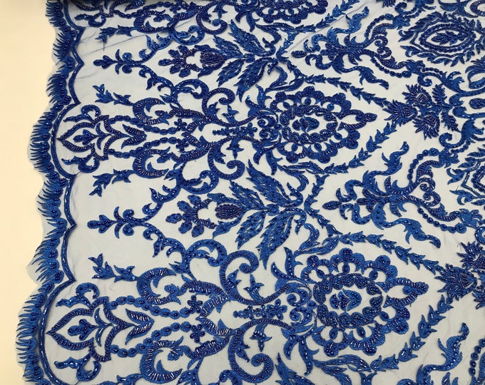 Royal blue floral damask embroider and heavy beaded on a mesh lace fabric-sold by the yard-