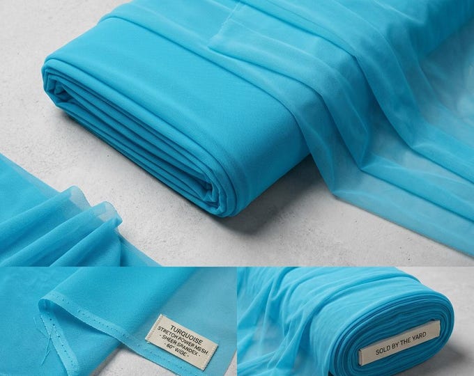 Turquoise Power Mesh Fabric, Stretch Sheer Spandex, 4 Way Stretch Nylon Mesh, 60 Inch Wide, Breathable Fabric by the Yard