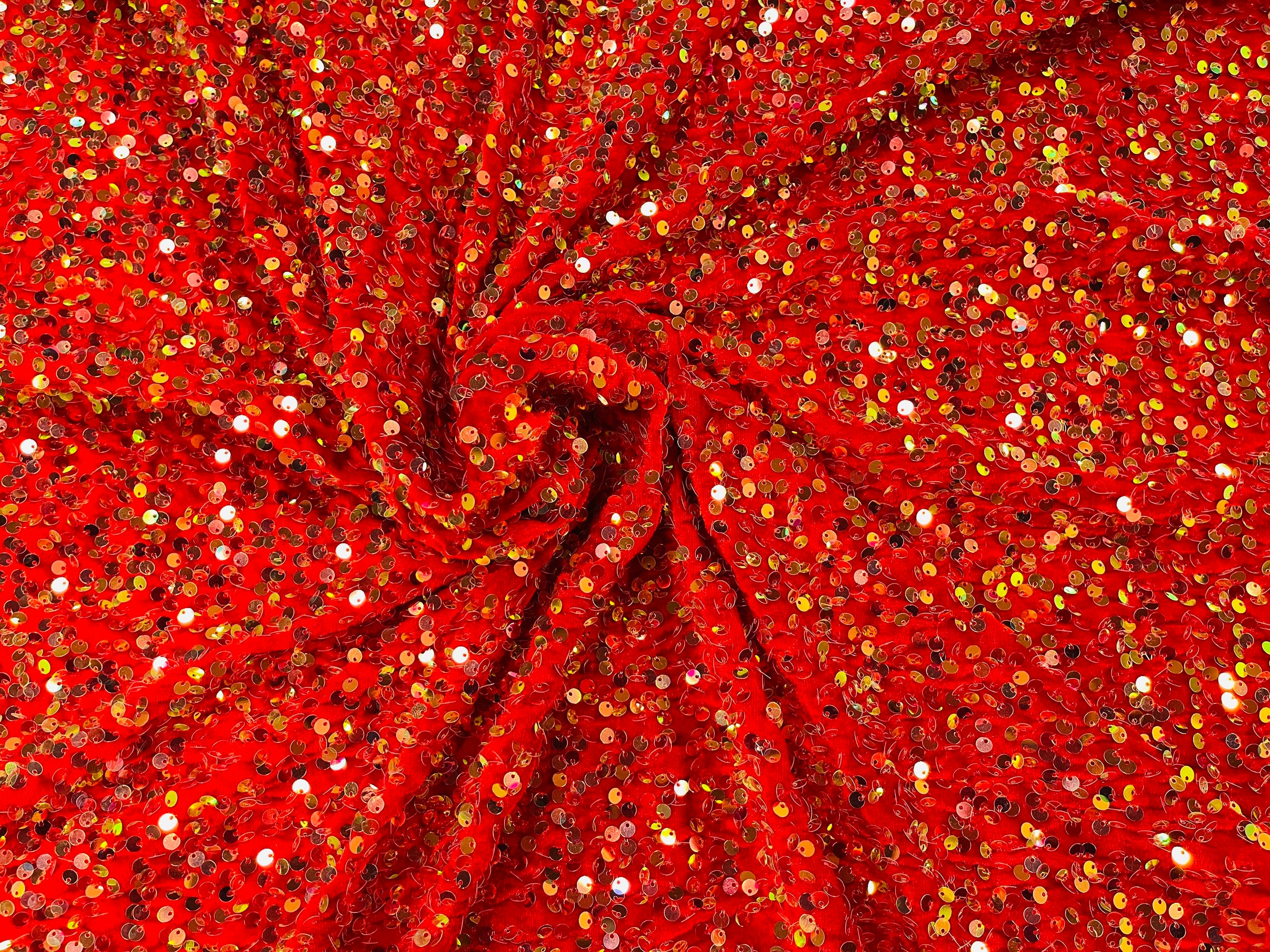 Red All Over Sequins Velvet Fabric. Red Sequin on Stretch Velvet