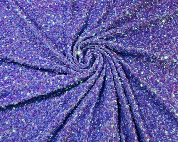 Lavender Iridescent stretch velvet with luxury sequins all over 5mm shining sequins 2-way stretch, sold by the yard.
