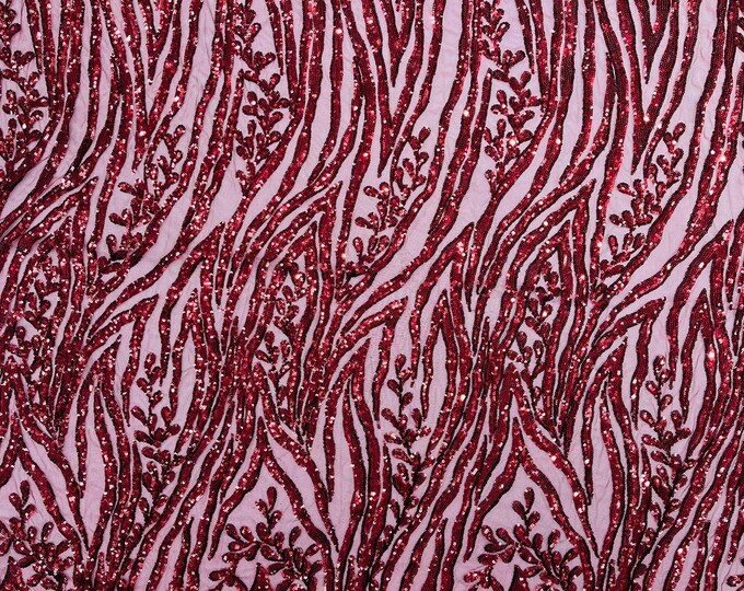 Burgundy - Vine/Root Sequin 4 Way Stretch Mesh Fabric, by The Yard.