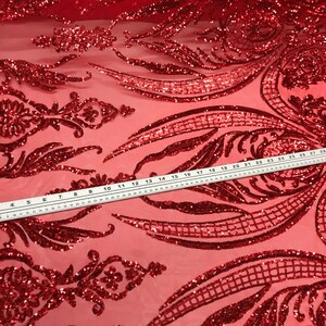 Empire Damask Design with Sequins Embroider On A 4 Way Stretch Mesh Fabric (1 Yard, Red Orange Iridescent on Black Mesh)