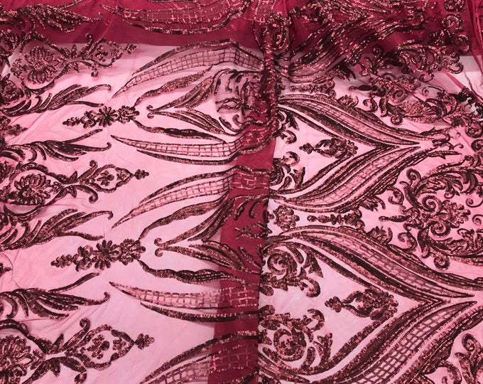 Matt burgundy empire design with sequins embroider on a 2 way stretch mesh fabric-prom-nightgown-decorations-sold by the yard.