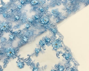 Light Blue 3d floral design embroider and beaded with rhinestones on a mesh lace-prom-apparel-fashion-sold by yard.