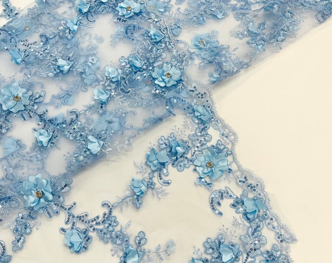 Light Blue 3d floral design embroider and beaded with rhinestones on a mesh lace-prom-apparel-fashion-sold by yard.