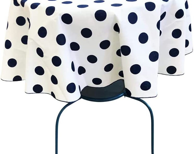 New Creations Fabric & Foam Inc, Round Poly Cotton Print Tablecloth (Polka Dot Navy on White. Choose Size Below