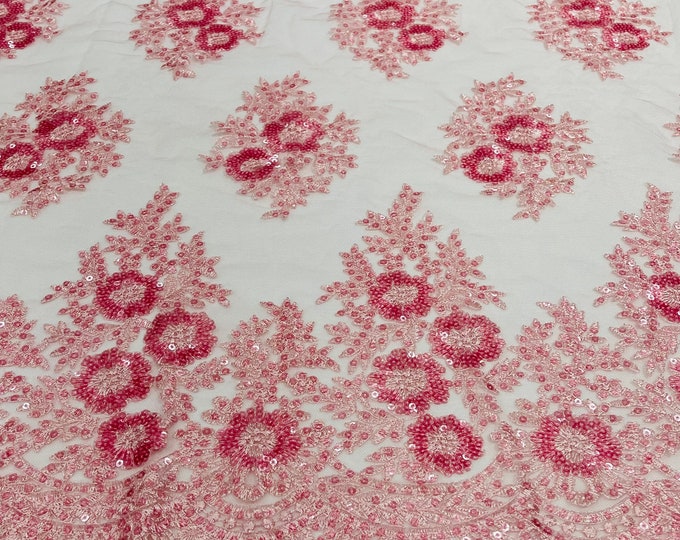 Pink Floral corded embroider with sequins on a mesh lace fabric-sold by the yard.