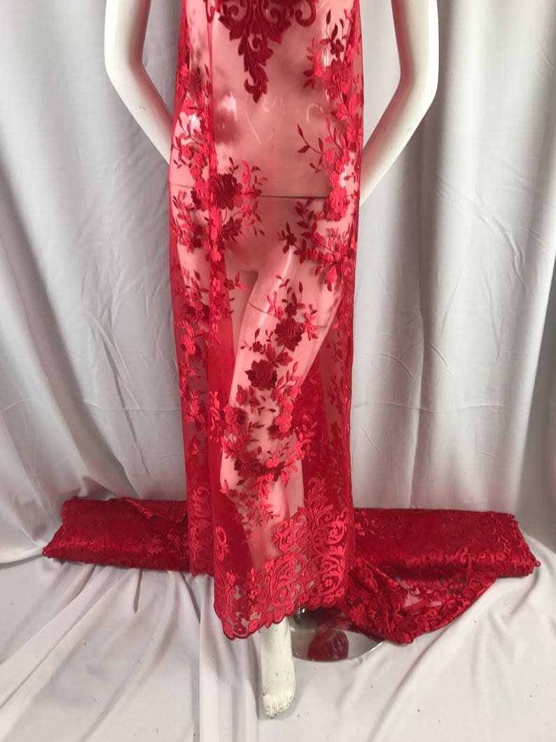Red flowers enbroider on a 2 way stretch mesh lace.weddingBridalPromNightgown fabric-apparel-fashion-dresses-Sold by the yard.