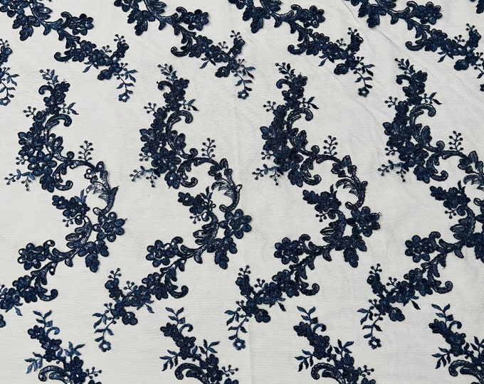 Navy blue flower lace corded and embroider with sequins on a mesh-Sold by the yard.