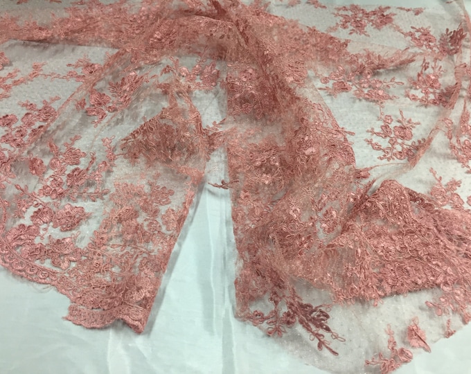 Sensational dusty Rose flowers Embroider And Corded On a Polkadot Mesh Lace-prom-nightgown-decorations-dresses-sold by the yard.