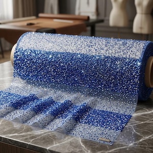 May include: A roll of blue glitter fabric. The fabric is a sheer material with a gradient of blue glitter, transitioning from a lighter shade to a deeper, more saturated blue. The glitter catches the light, creating a sparkling effect.
