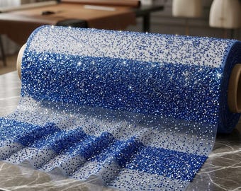 Royal Blue Rhinestone Mesh Fabric by the Yard Sheer Stretch Glitter Crystal Fabric for Dress Wedding Costume DIY