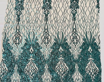 Hunter green iridescent damask sequin design on a nude 4 way stretch mesh fabric-prom-sold by the yard.