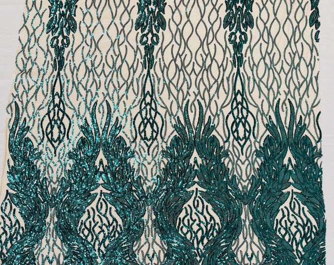 Hunter green iridescent damask sequin design on a nude 4 way stretch mesh fabric-prom-sold by the yard.